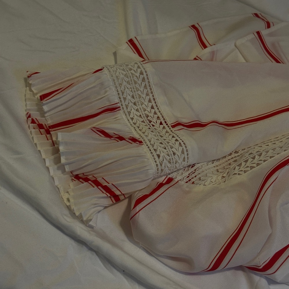 Banana Republic Semi-Sheer White Blouse with Red Stripes and Crochet Trim - Picture 6 of 9